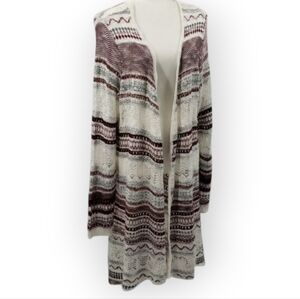 Almost Famous Long Cardigan Sz 3X Ivory Burgundy Pointelle Knit Drawstring Waist